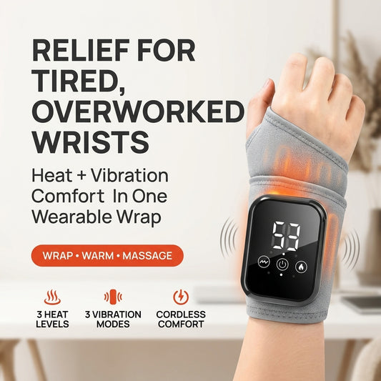 Heating & Vibrating Hand Massager Wrist Wrap - 3 Vibration Types, 3 Hot Compress Levels, Wrist Protection