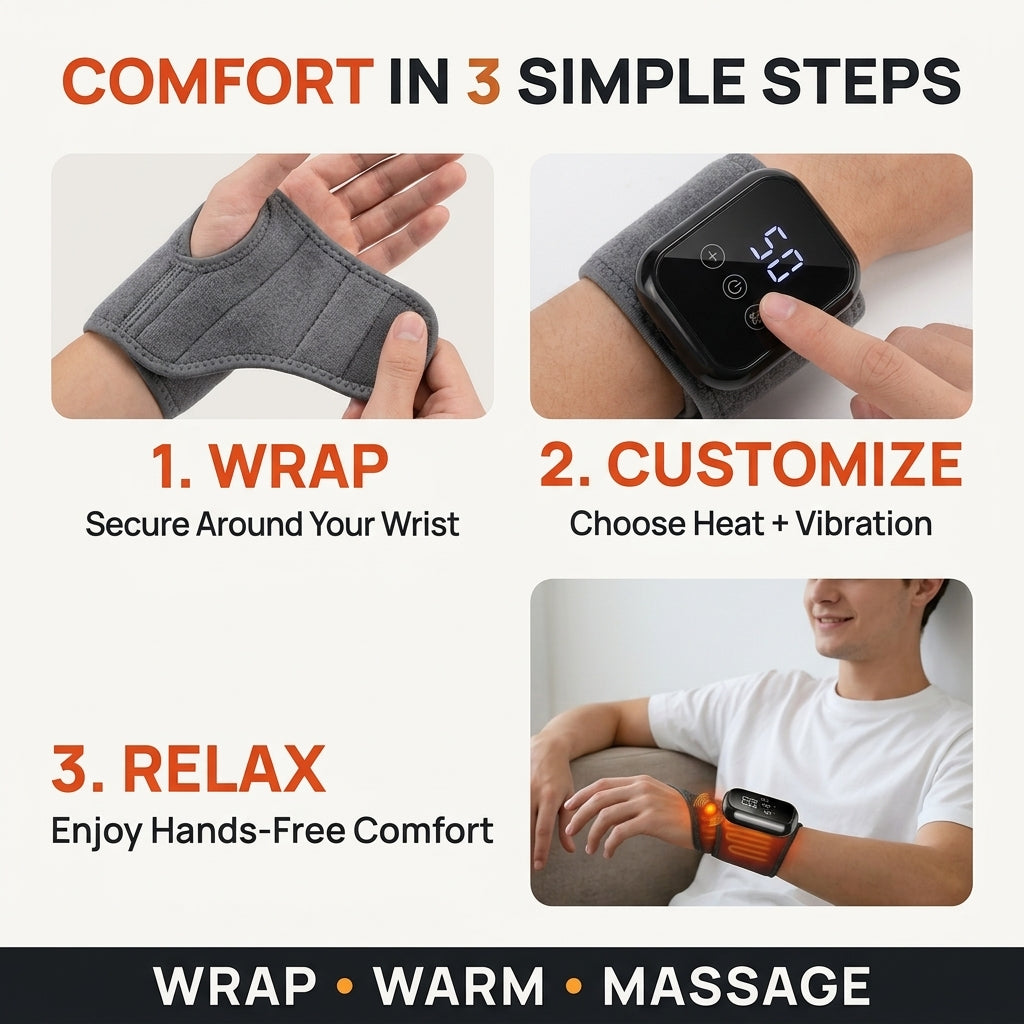 Heating & Vibrating Hand Massager Wrist Wrap - 3 Vibration Types, 3 Hot Compress Levels, Wrist Protection