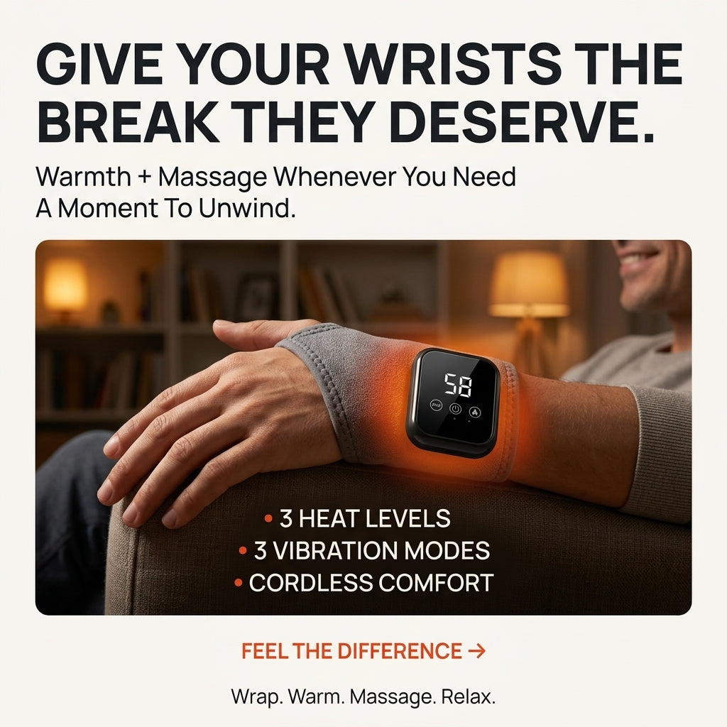 Heating & Vibrating Hand Massager Wrist Wrap - 3 Vibration Types, 3 Hot Compress Levels, Wrist Protection